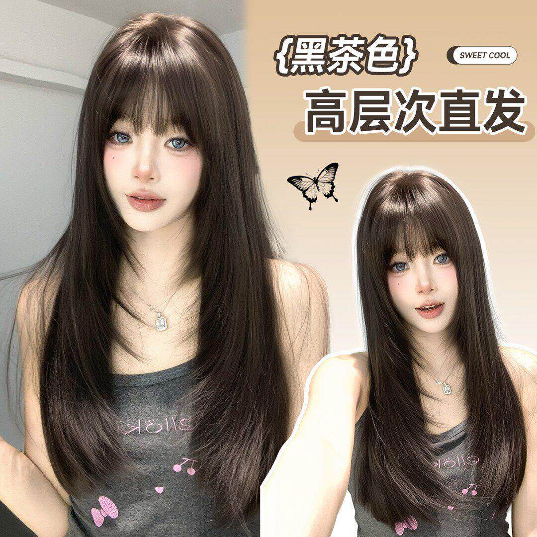 【甜妹狙击】束朵高层次假发黑茶长直发Lolita齐浏海jk氛围感全头