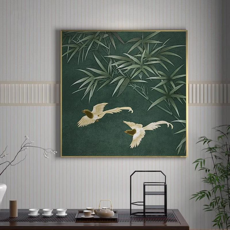 新中饰画绿色竹子花鸟式中国风轻奢客厅玄方TIX关壁装画正形茶室