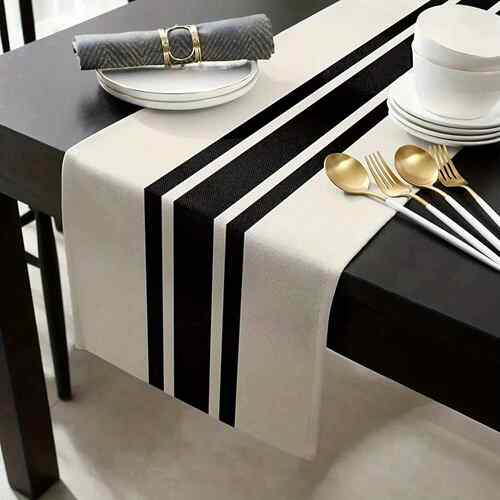 1pc Geometric Stripe Linen Table Runner, Modern Simple Black