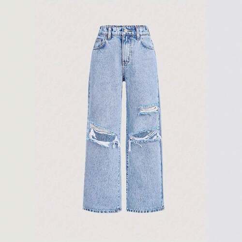 Teen Girls Loose Fit Ripped Wide Leg Jeans With Pockets