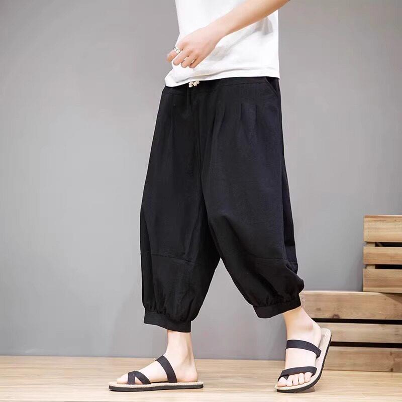 仓石一树潮流中国风男古风夏季休闲亚麻宽松阔腿七分裤束脚灯笼裤
