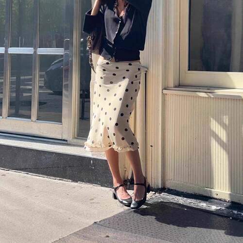Women's Polka Dot Print Frill Trim Midi Skirt Lightweight