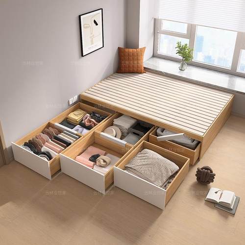 新款大抽屉床全拉床箱实木排骨架铺板榻榻米床储物床架1米2单人床