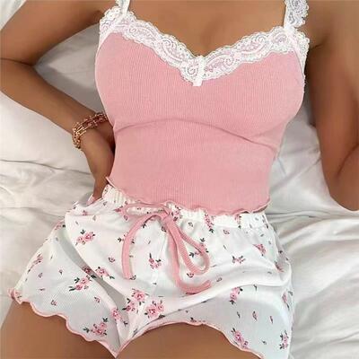 Women ' s 2 - Piece Pajama Set - Cute Cherry Print Crop Top