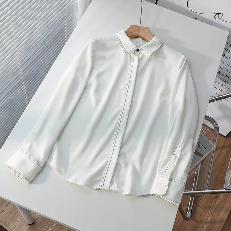 秋装缎面气质白色衬衫女 ol工作服正装面试打底上衣长袖职业衬衣
