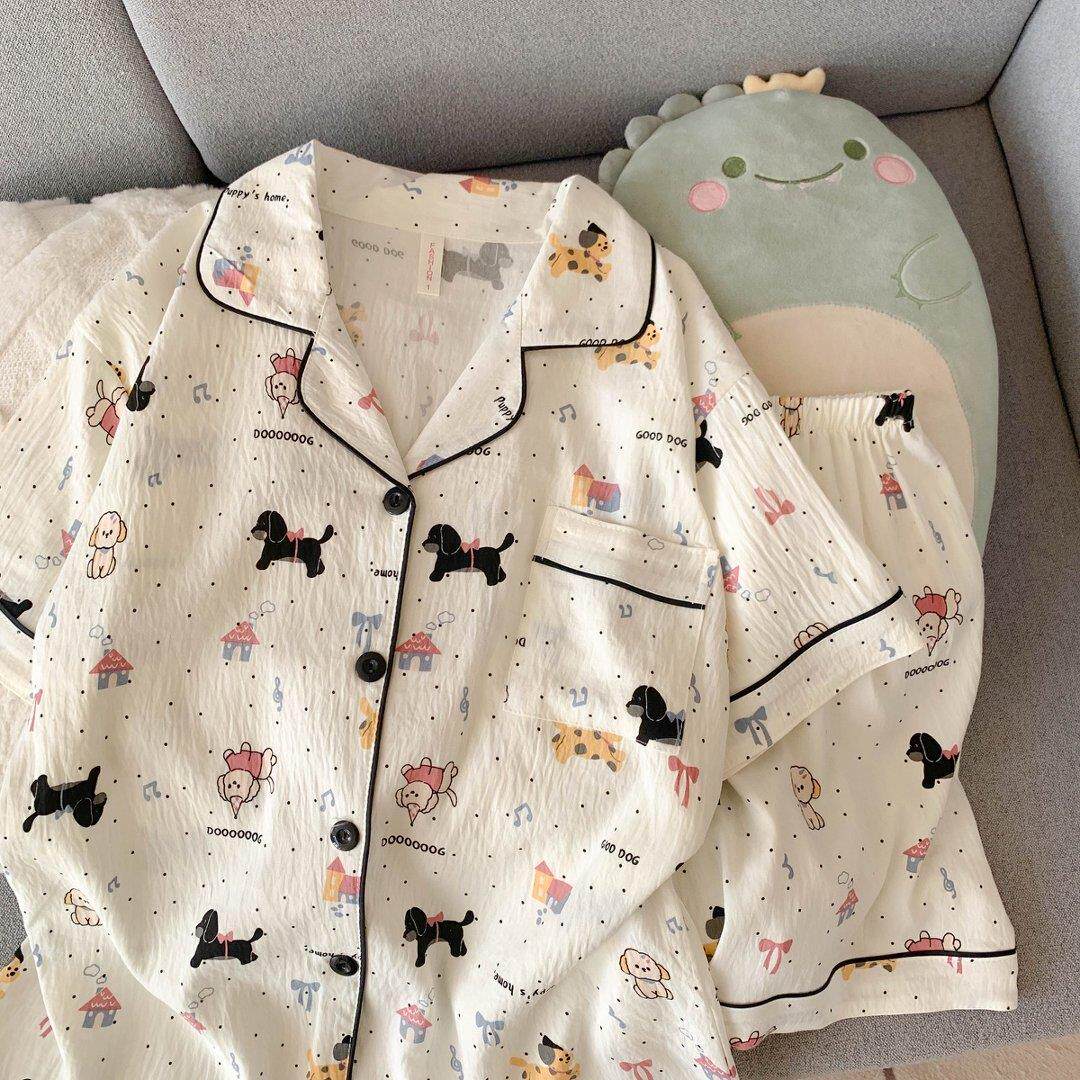 斑点小狗年轻款透气云朵棉睡衣女夏短袖短裤套装可外穿家居服可爱