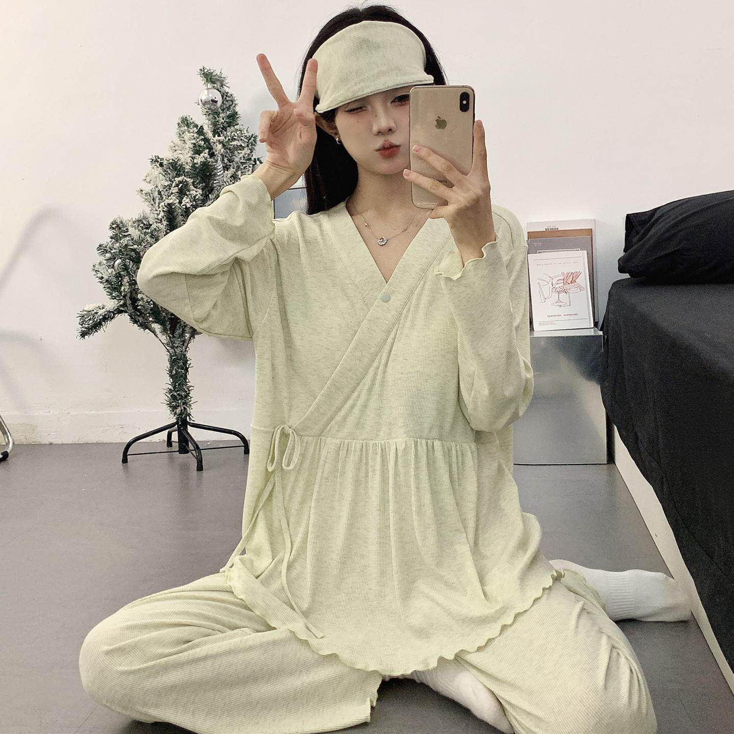 新款莫代尔月子服孕产妇哺乳固定胸垫哺乳孕妇睡衣秋夏季薄带发箍