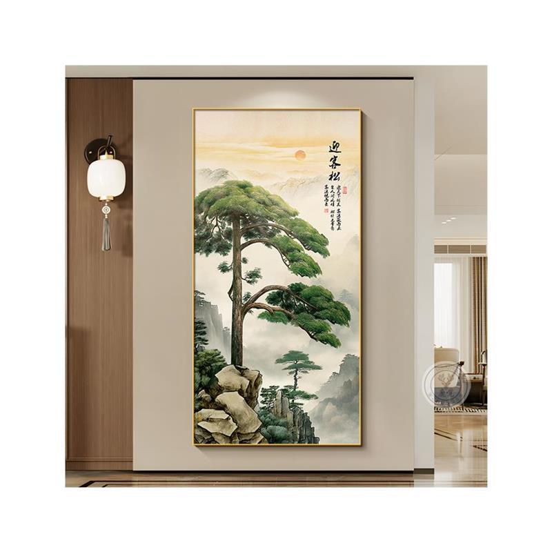 迎客松挂画客厅入户玄关装饰画新中式酒店走廊过道背景墙竖版壁画