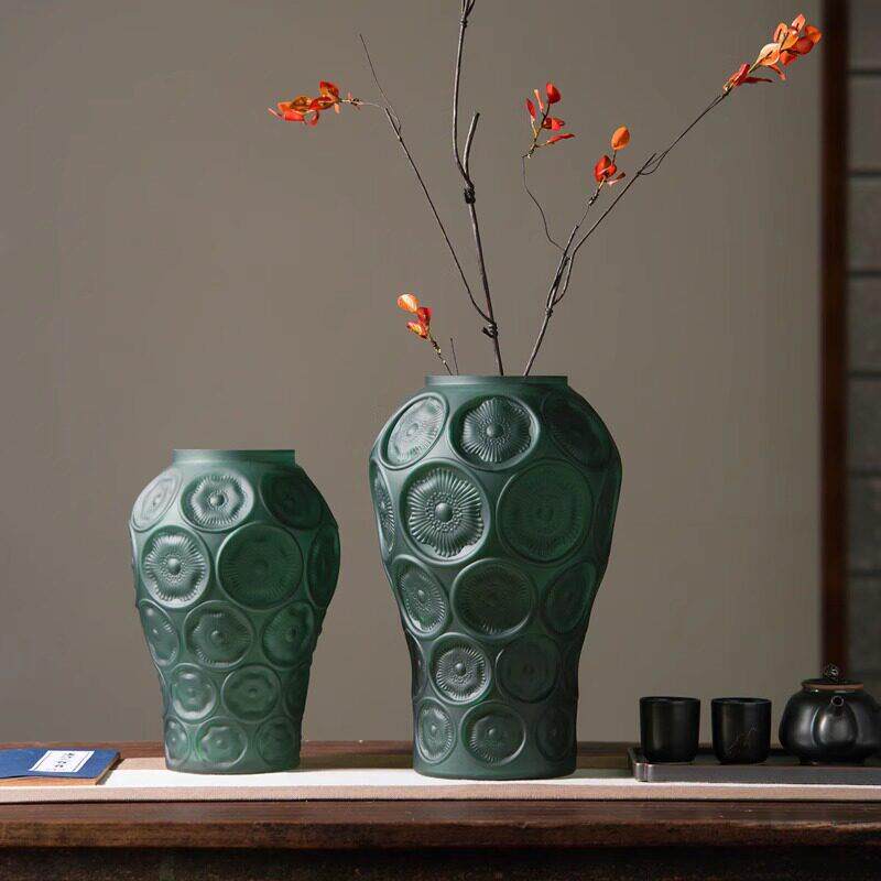 OUMI 中古浮雕玻璃花瓶客厅插花高级感艺术摆件 法式餐桌玄关鲜花