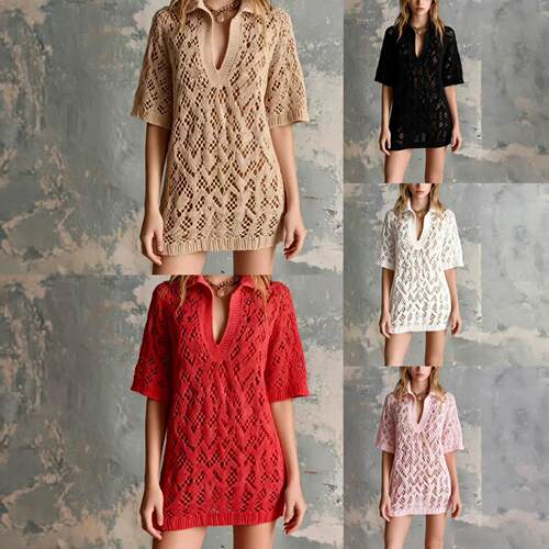 Flip collar V-neck short sleeved hollow knit mini dress