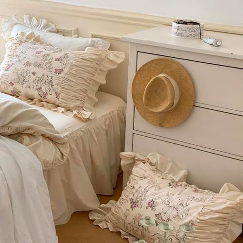 古复公风主褶蕾丝皱床上KWB四件套床裙款床单被套纯棉全棉法式床