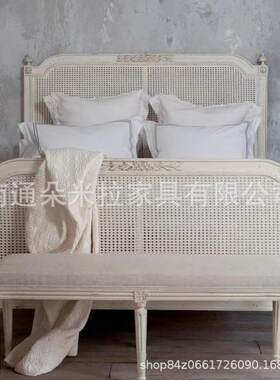 法式复古田园风主卧实木藤制双人大床美式乡村做旧编藤婚床