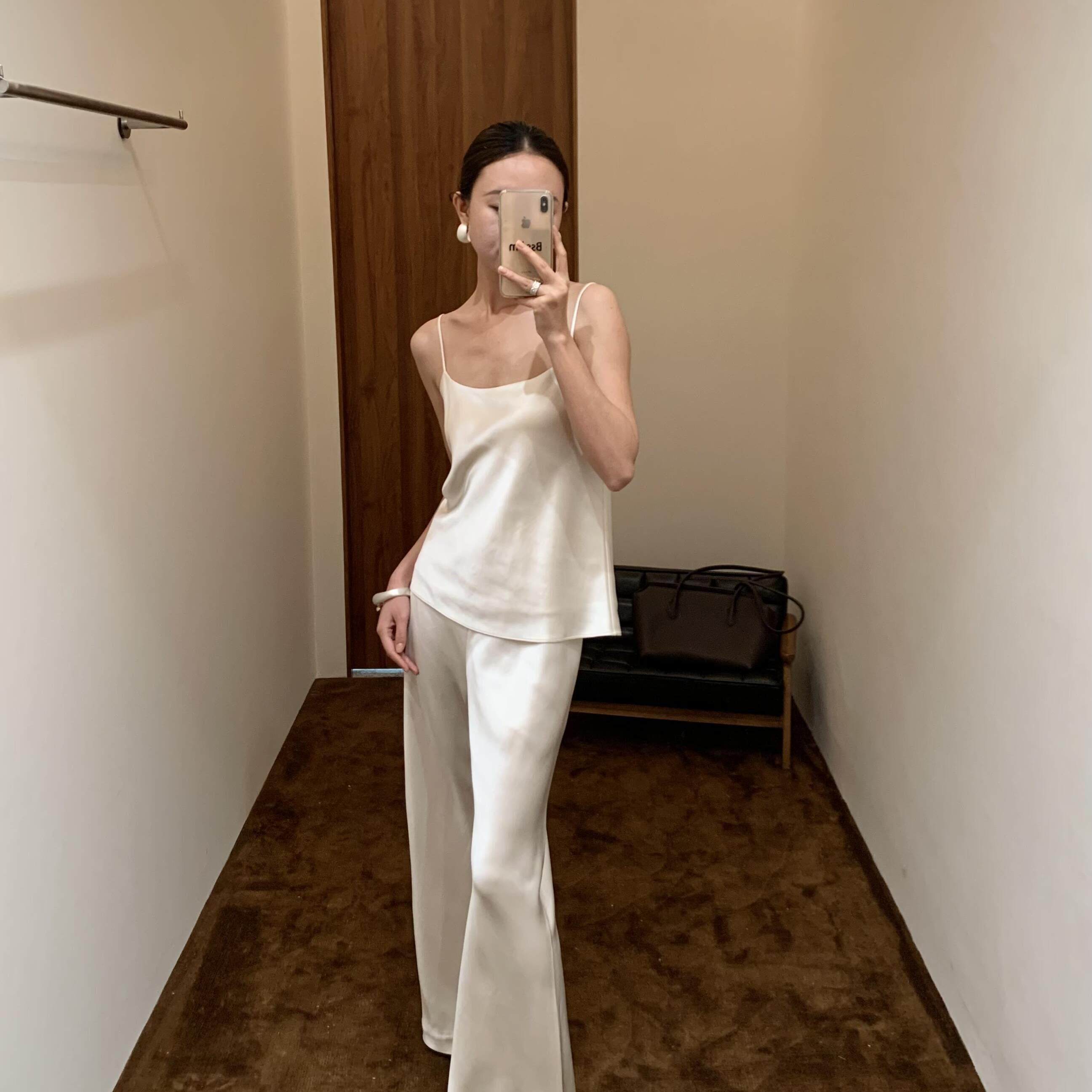 法式高级感纯色缎面冰丝睡衣女夏款轻奢风吊带背心长裤家居服套装
