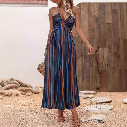 Women's Striped Print Cut Out Tie Back A Line Dress