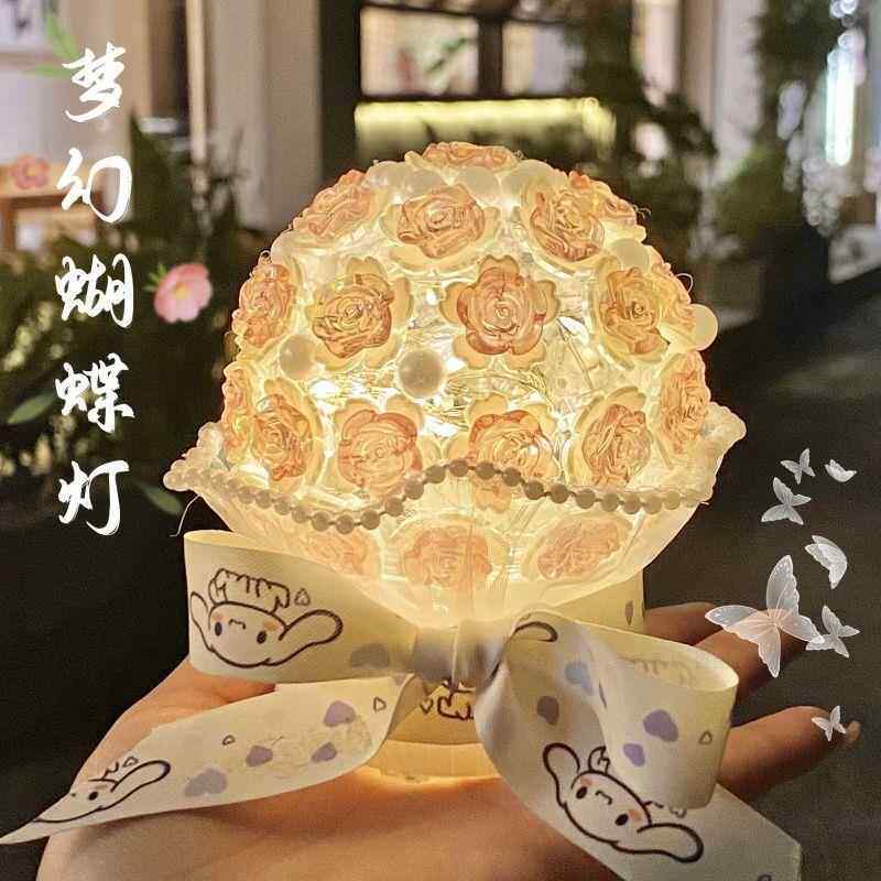 3D立体小颗粒拼装图小夜灯纪念日中式浪漫玫瑰花小夜灯手捧花ins
