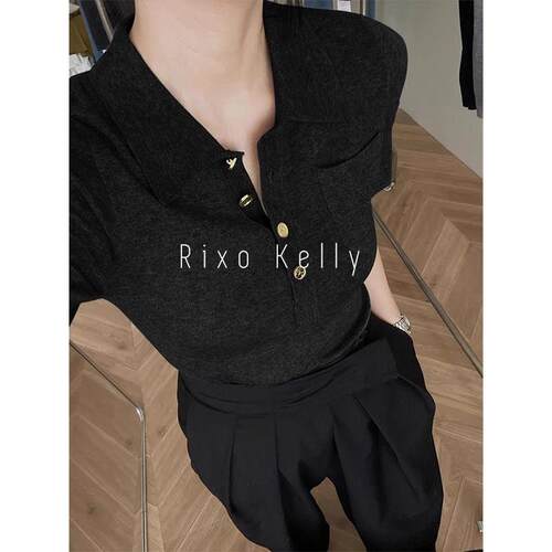 RIXO KELLY法式短袖T恤 冰丝针织小香风上衣 正肩翻领气质针织衫