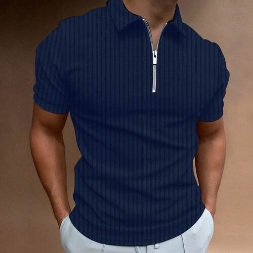 Striped zipper short sleeved men's elastic shirt