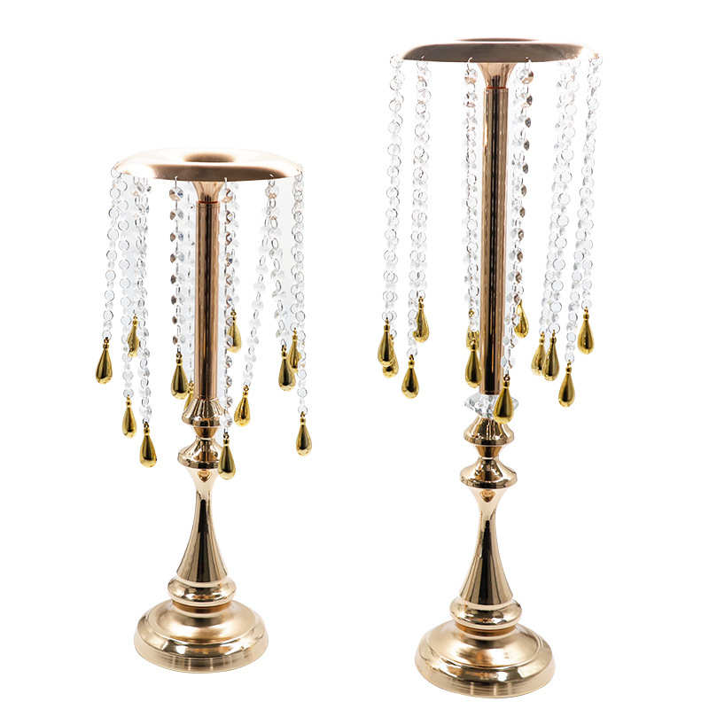 新款婚庆道具欧式铁艺水晶花器婚礼主桌假花装饰桌花摆件花瓶路引