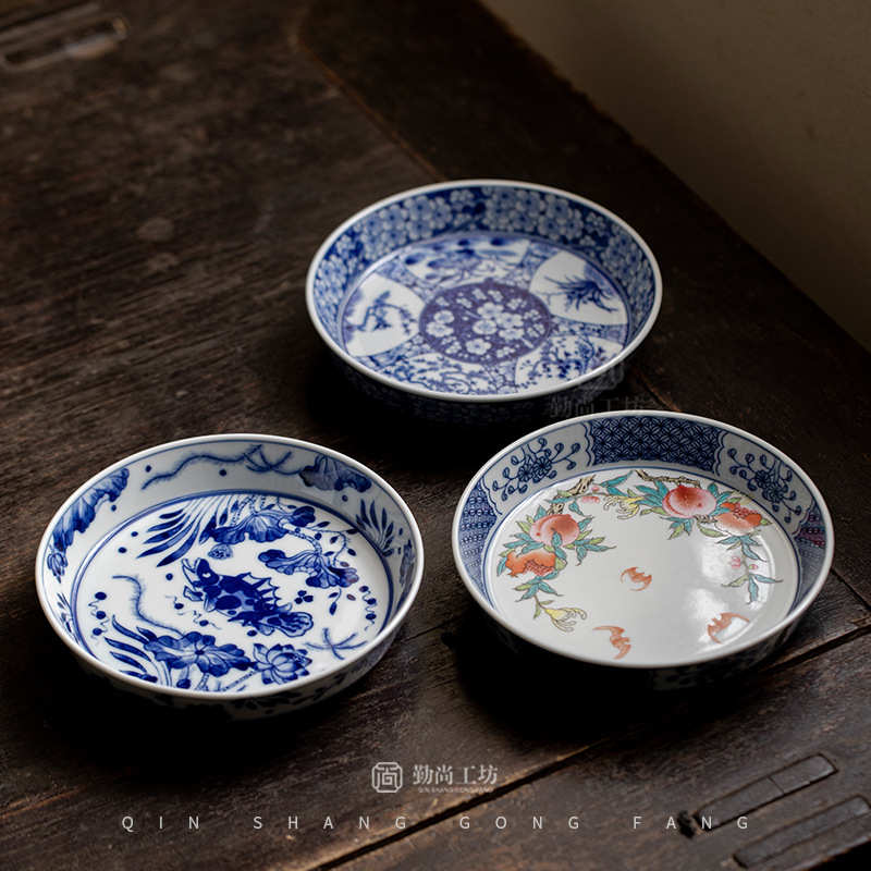 仿古青花陶瓷壶承盖碗底托复古功夫茶具配件干泡盘小茶承茶点盘