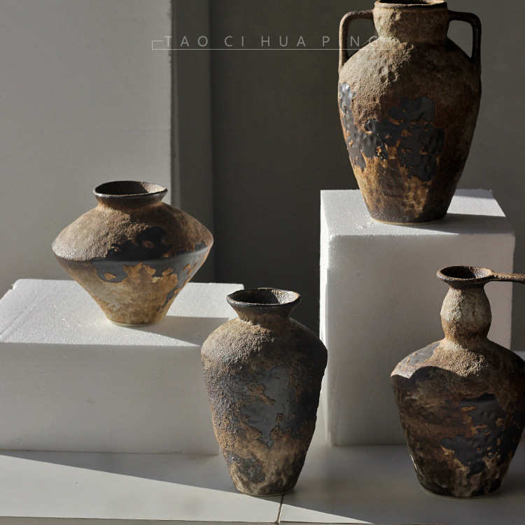 复古花瓶仿古粗陶陶罐插干花器花盆侘寂风民宿高级感家居陶瓷摆件