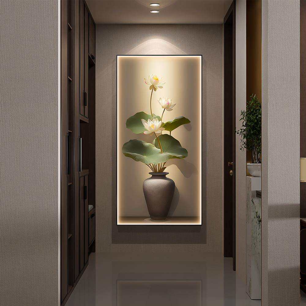 新中式入户玄关装饰画光影荷叶莲花led灯光画正对门走廊过道壁画