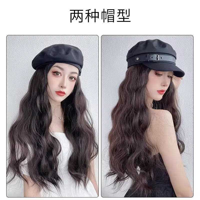 新款直销帽子假发女长发一体水波纹大波浪贝雷帽秋冬自然长卷发仿