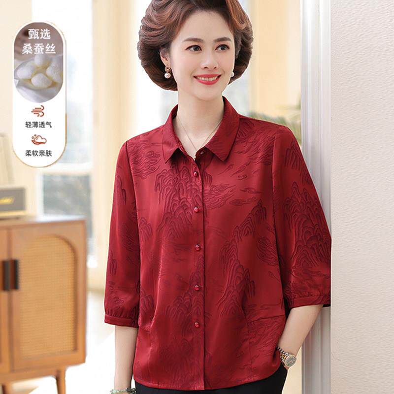 喜婆婆婚宴礼服胖妈妈桑蚕丝衬衫女夏季真丝红色上衣喜庆装大尺码