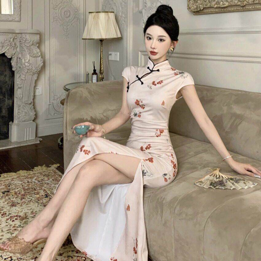直播衣服女主播上镜新中式长裙年轻款少年性感开叉改良旗袍连衣裙