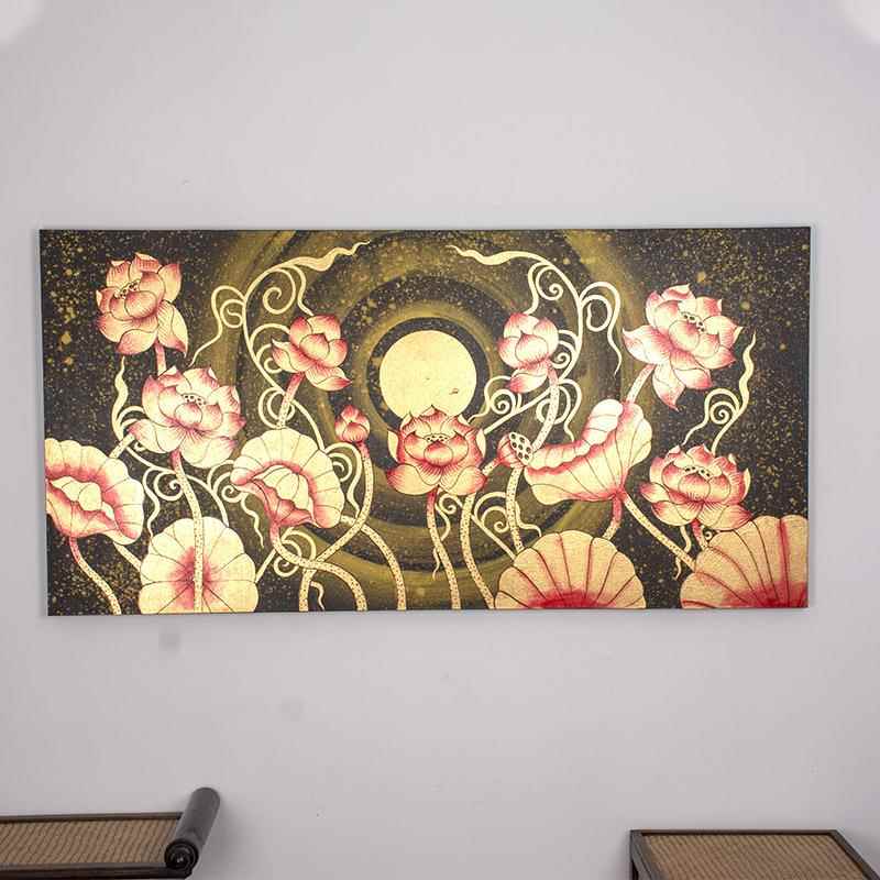 东南亚手绘油画泰式玄关走廊壁画客厅创意挂画过道横版金箔荷花