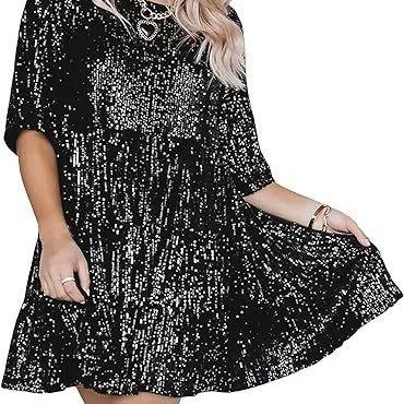 flowy shiny neck dress concert sleeve loose round party