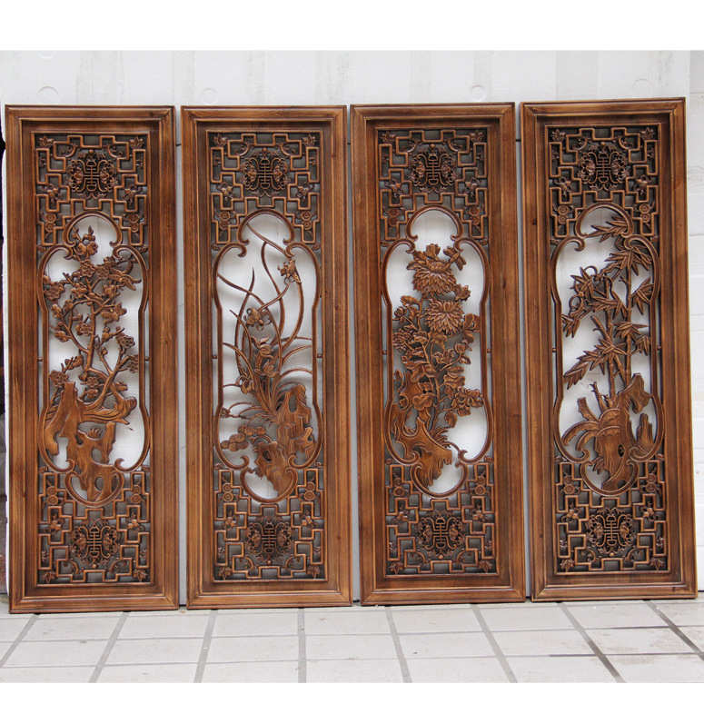 香樟5zw背景梅兰竹菊装工艺品挂件木雕客厅东阳实木沙发壁挂条屏