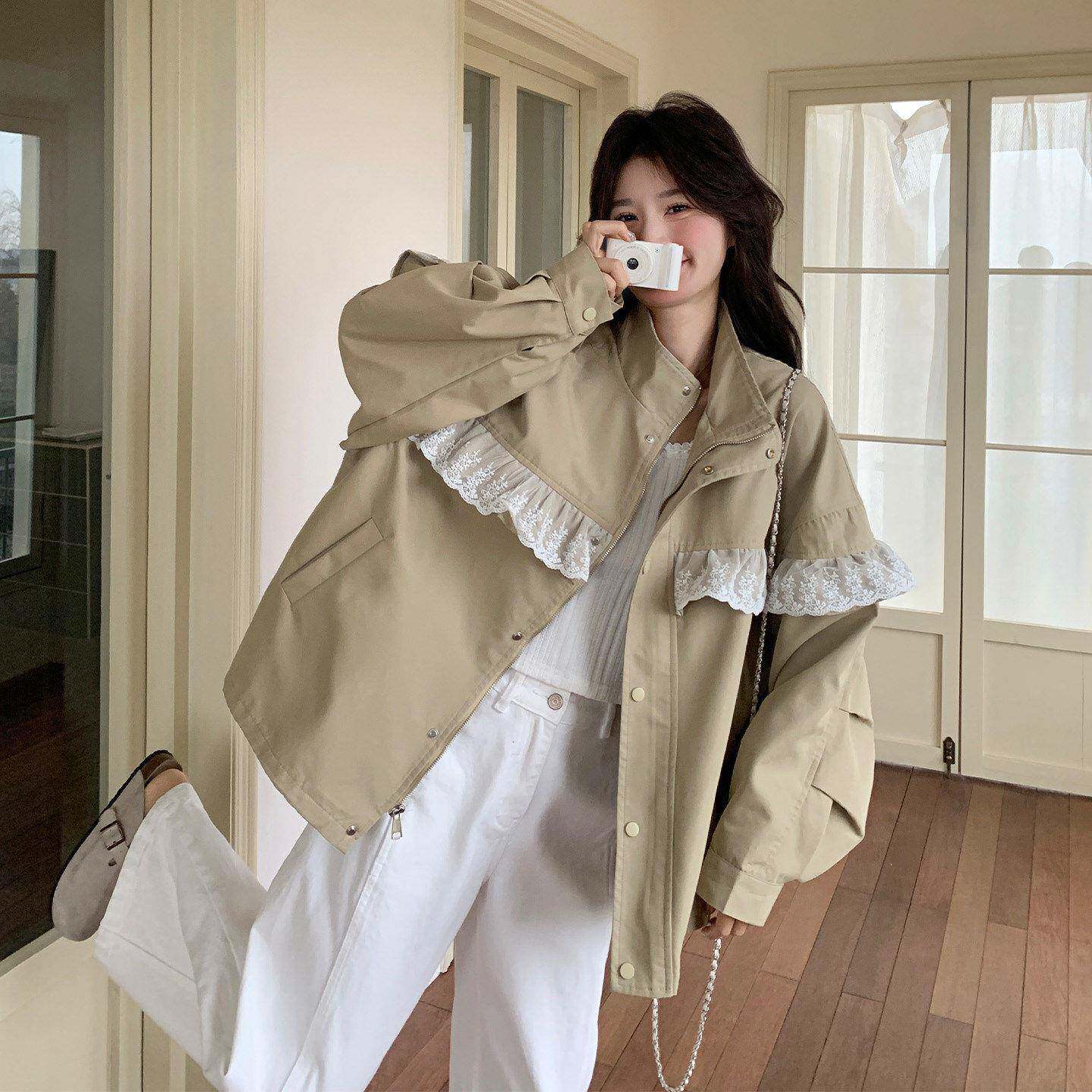 夹克外套女士2026春秋新款高级感蕾丝拼接设计甜美风立领短款上衣