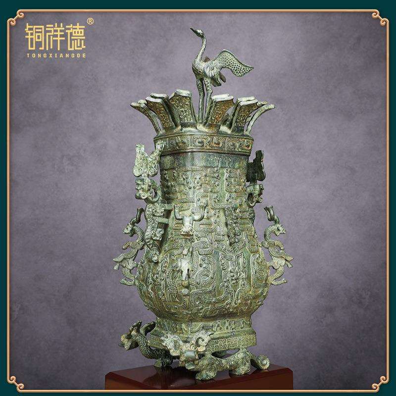 春秋战国青铜器莲鹤方壶盛酒器仿古青铜摆件工艺品博物馆收藏送礼
