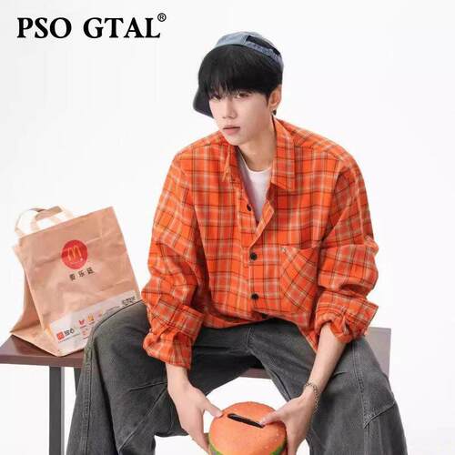 PSO GTAL美式橙色格纹长袖衬衫男女春季宽松多巴胺情侣衬衣百搭休