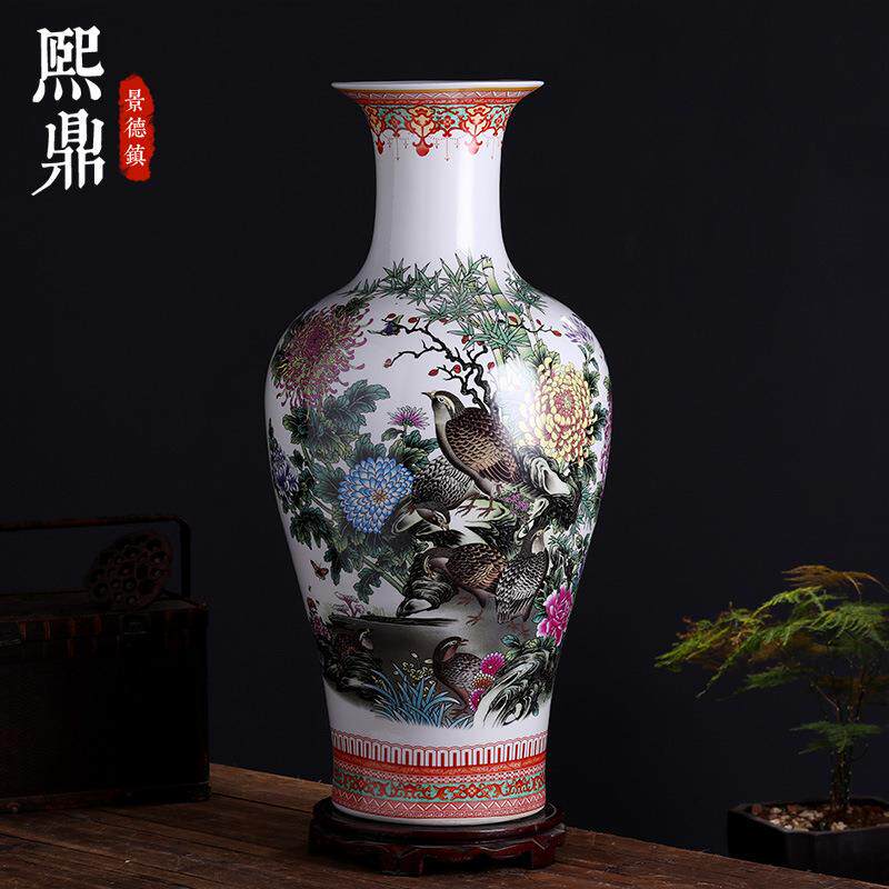 陶瓷落地大花瓶装饰品摆件釉上彩花鸟安居乐业大号鱼尾瓶客厅摆设