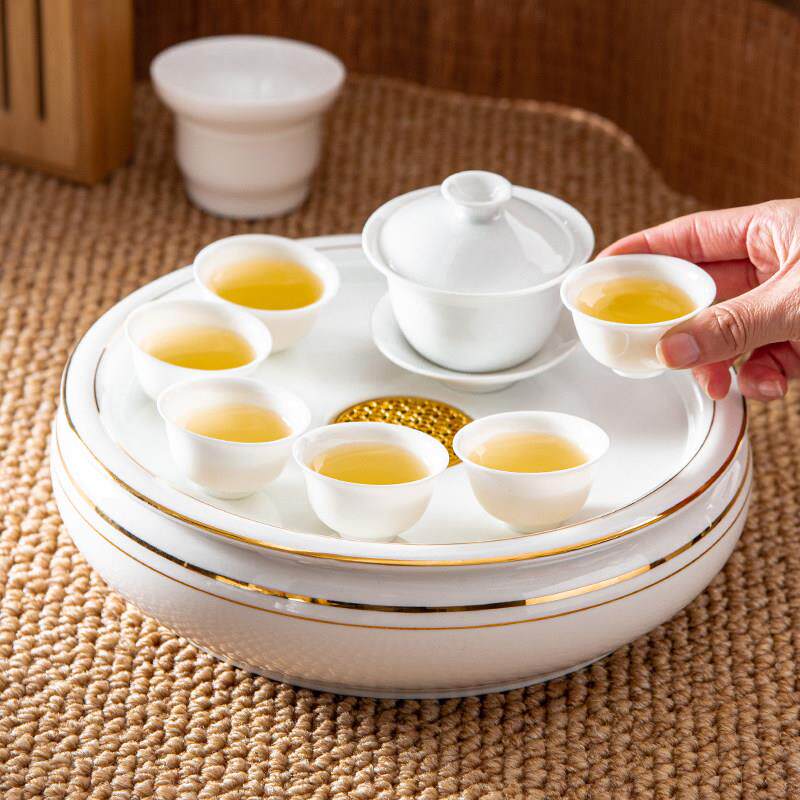 潮汕整套功夫茶具描金小型茶盘家用会客办公室简约羊脂玉陶瓷套装