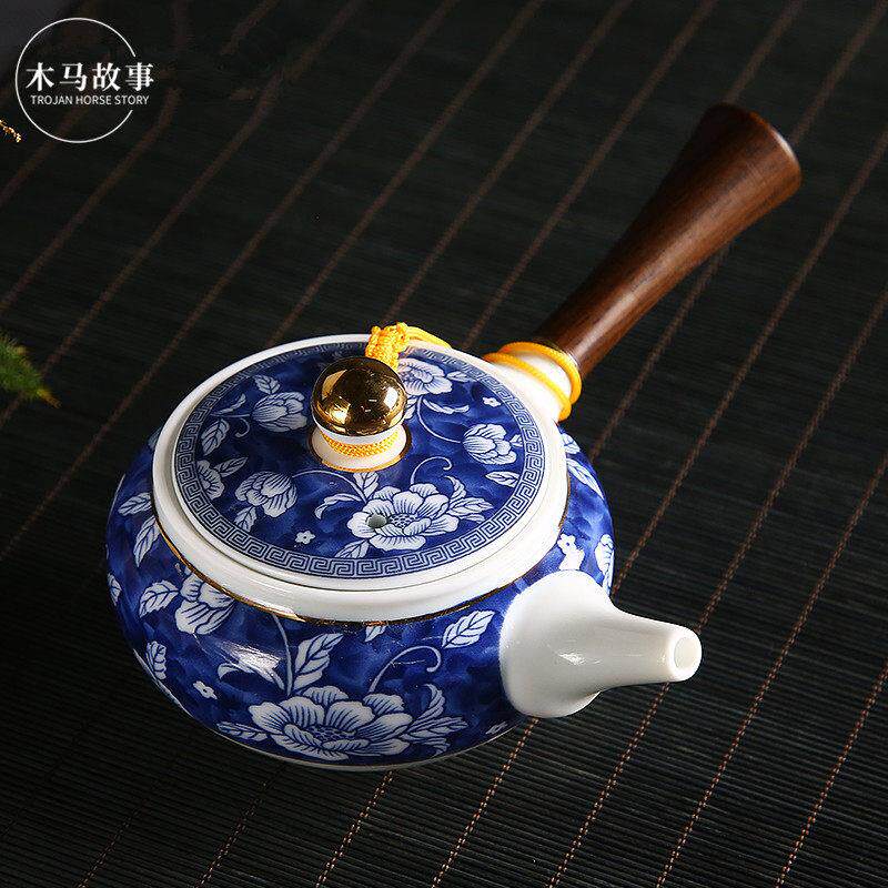青花瓷泡茶壶家用珐琅彩陶瓷功夫茶具带过滤侧把壶西施壶覆古单壶