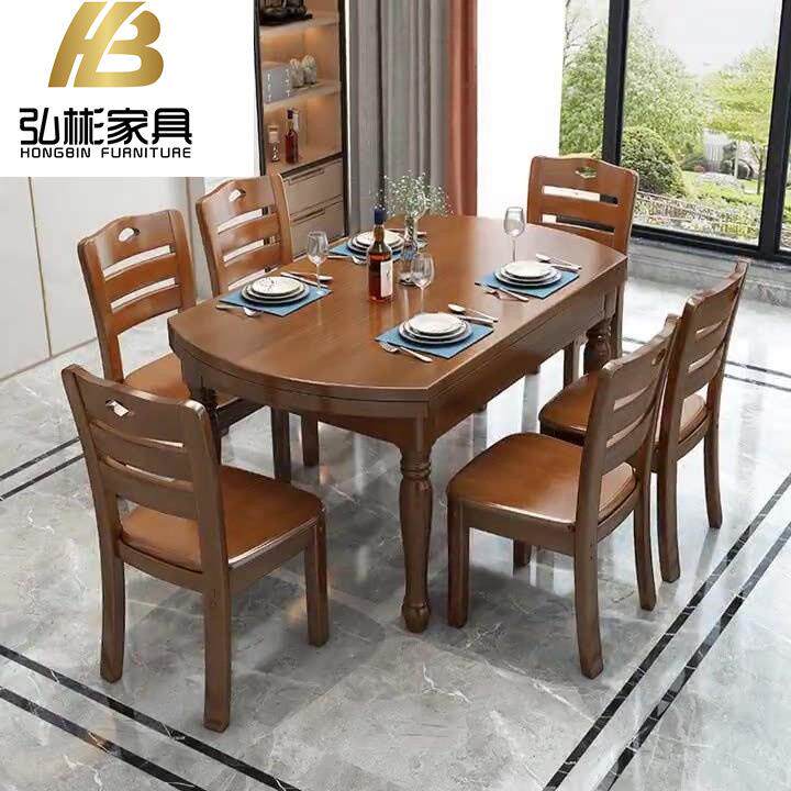 中式家具全实木跳台圆餐桌可伸缩折叠餐椅组合小户型食堂餐厅饭桌