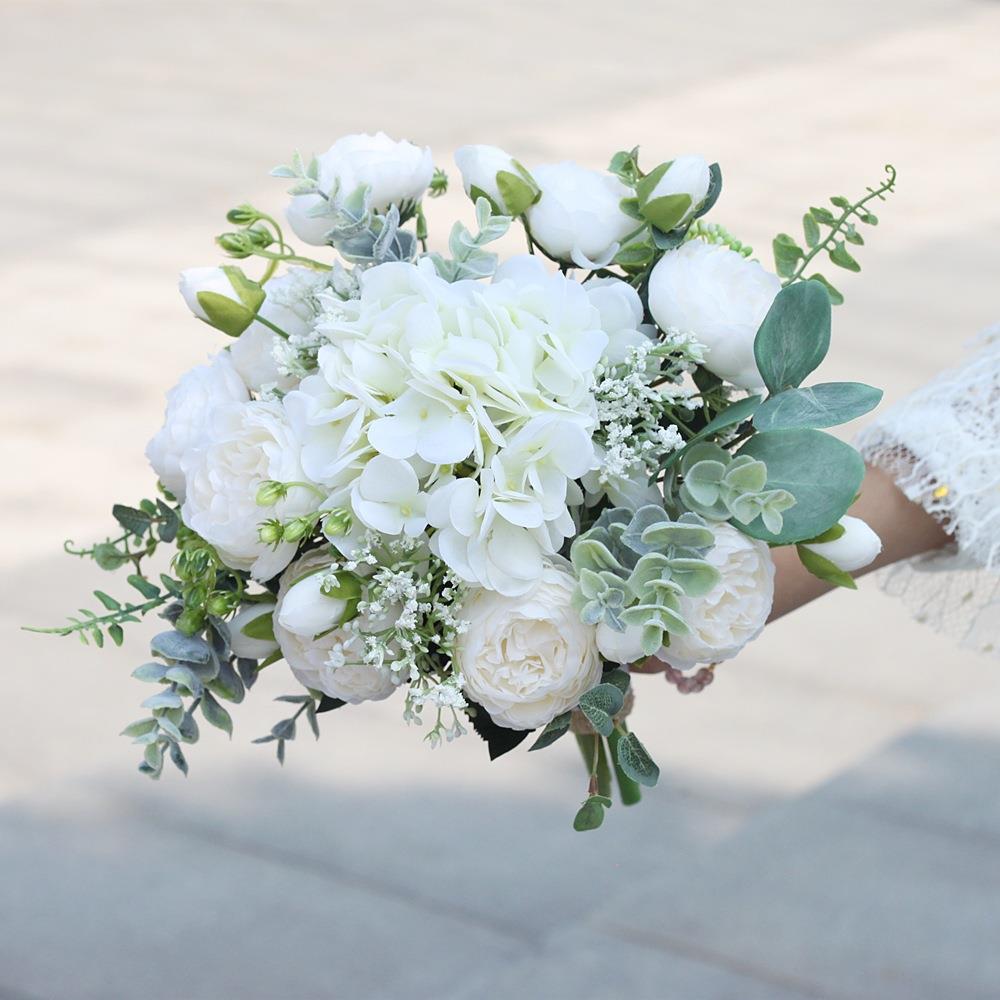 自然森系手捧花束新娘户外婚礼结婚白色牡丹玫瑰绢花手捧花MD2606