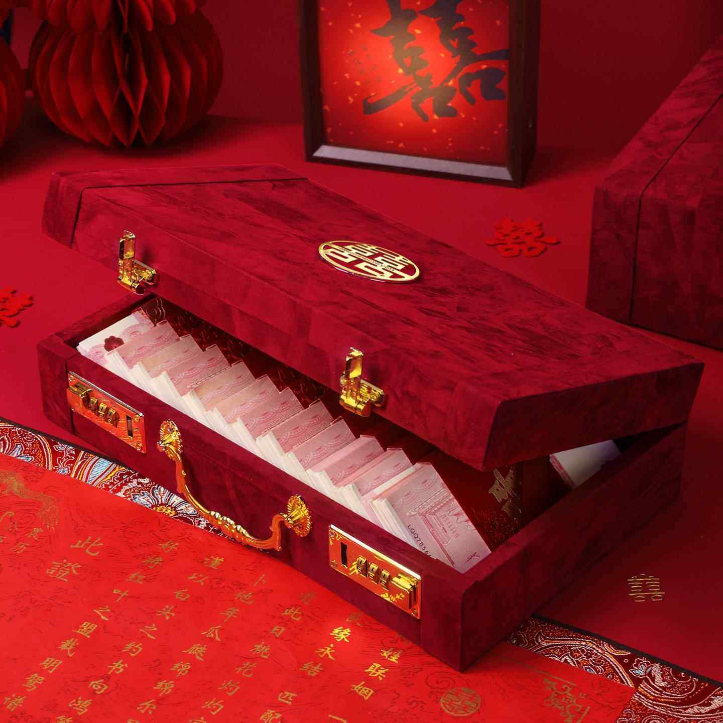 彩礼钱盒子订婚礼金箱提亲彩礼箱结婚高档木质聘礼盒装现金钱箱子