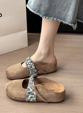 新款夏春厚底丝带勃肯鞋女2026外穿一脚蹬包头半拖鞋配裙子0318k