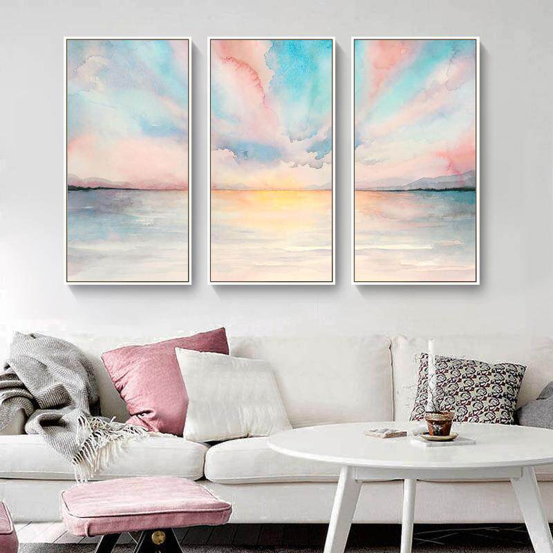 新款直销现代简约北欧装饰画三联水彩风景大海玄关客厅酒店公寓挂