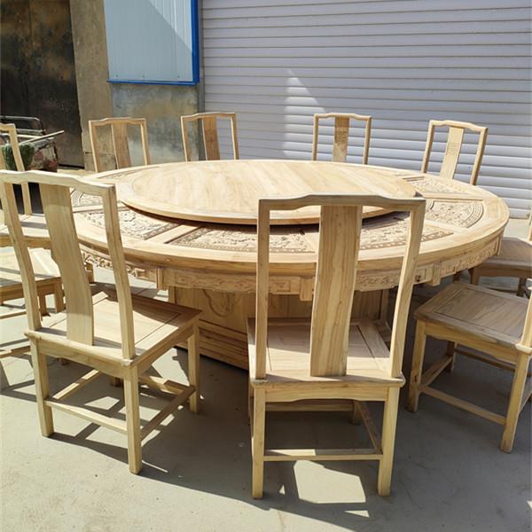 北方老榆木中式仿古实木圆餐桌白茬白胚白坯大圆桌饭桌椅组合