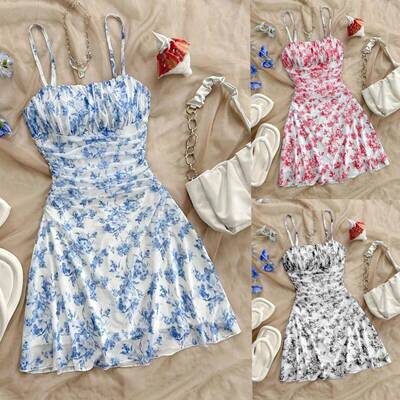 Summer Women'S Dress, Blue And Floral Mesh Off-Shoulder