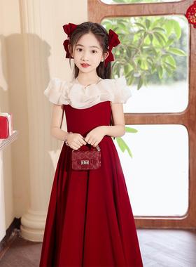 高档女童童儿晚礼服高端红色花小女孩主裙丝绒春夏童主公持钢琴演