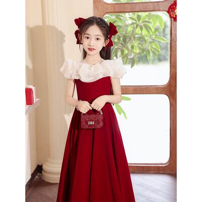 高档女童童儿晚礼服高端红色花小女孩主裙丝绒春夏童主公持钢琴演