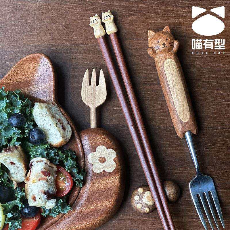 喵有型实木小猫咪筷子家用高档餐具成人儿童可爱木质筷子勺子套发