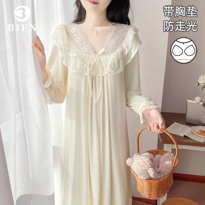 BIEN莫代尔带胸垫睡裙女春秋季2026新款甜美可爱公主风家居服蕾丝