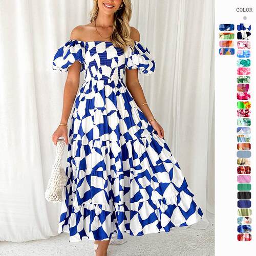 One collar printed puffy skirt dress for women