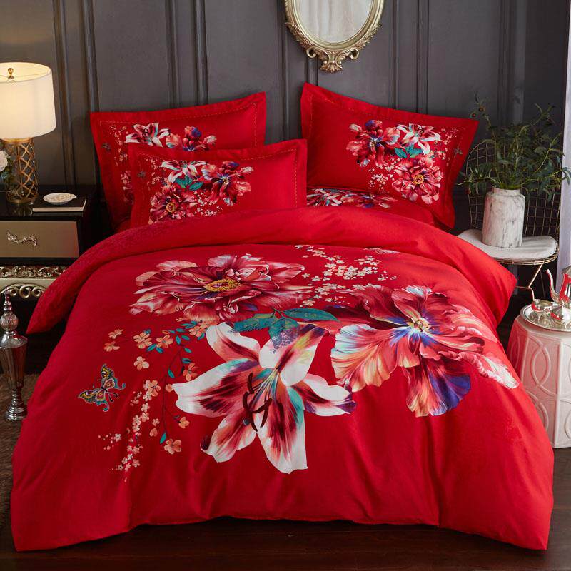 高档3D纯棉品婚庆红磨毛四件套大件被套全棉新婚1.8m床上用床单4